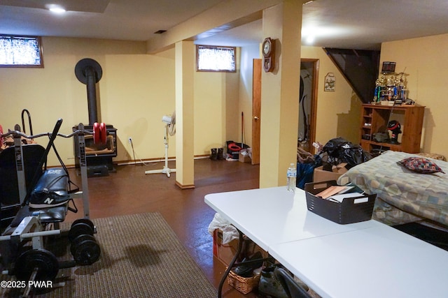 interior space with a wood stove