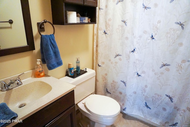 full bathroom featuring toilet, vanity, and a shower with curtain