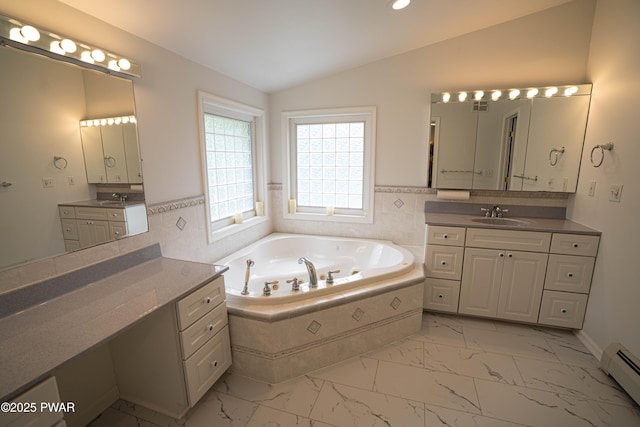 1111 Advent Rd, Lake Ariel, PA 18436 - full bathroom with marble finish floors, baseboard heating, lofted ceiling, two vanities, and a bath