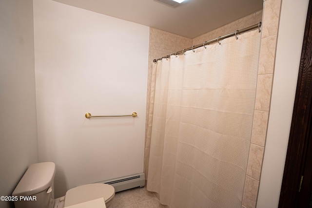 1111 Advent Rd, Lake Ariel, PA 18436 - full bathroom featuring toilet, a baseboard heating unit, curtained shower, and tile patterned flooring
