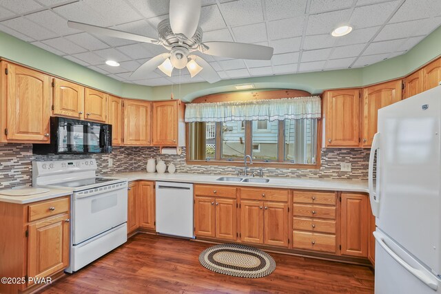 132 Dundaff St, Forest City, PA 18421 - kitchen featuring white appliances, ceiling fan, light countertops, and backsplash