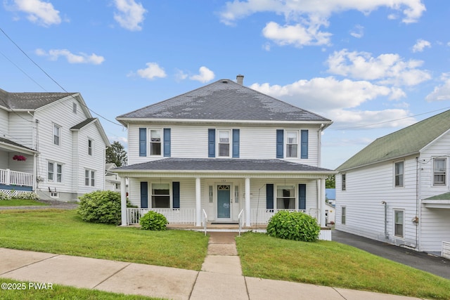 132 Dundaff St, Forest City, PA 18421 - view of front of home with covered porch, a front lawn, a chimney, and a shingled roof