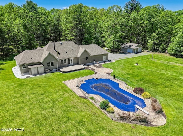 174 Lee Rd, Shohola, PA 18458 - view of pool with an outdoor structure, a yard, a wooden deck, and a forest view
