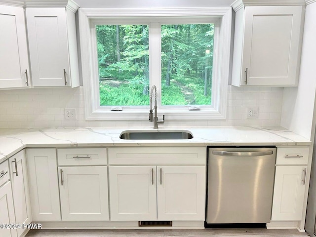 kitchen featuring white cabinetry, sink, light stone counters, and dishwasher