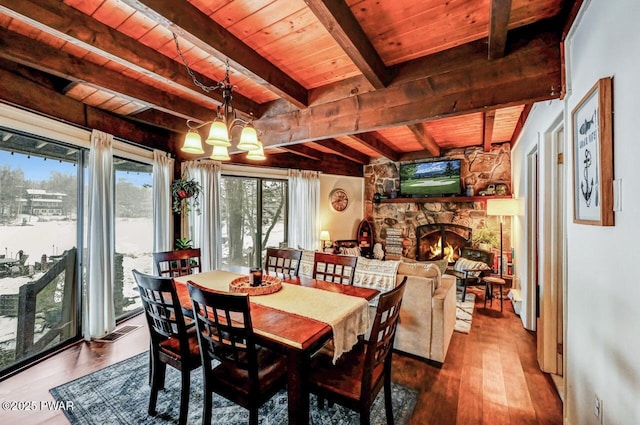 dining room with wood ceiling, wood-type flooring, a chandelier, beamed ceiling, and a fireplace