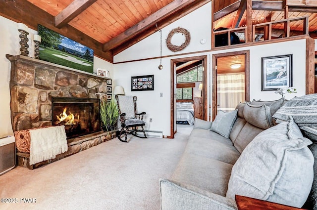 living room with a stone fireplace, high vaulted ceiling, wooden ceiling, carpet flooring, and beamed ceiling