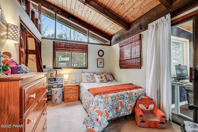 carpeted bedroom featuring wood ceiling, access to exterior, and vaulted ceiling with beams