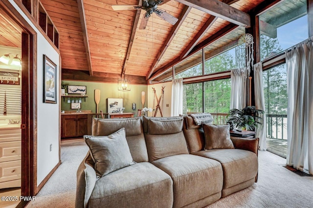 carpeted living room featuring sink, wood ceiling, lofted ceiling with beams, and ceiling fan