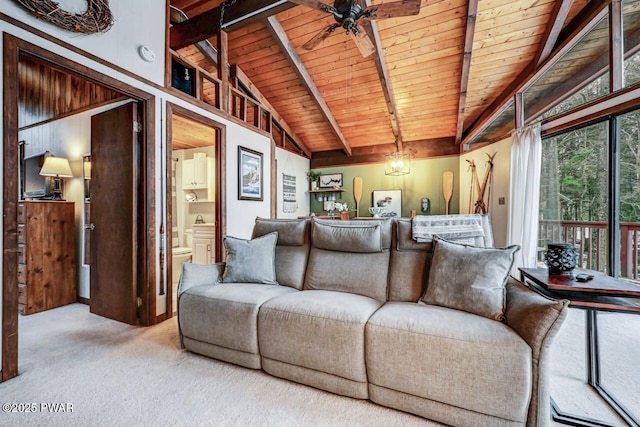 carpeted living room with beamed ceiling, ceiling fan, high vaulted ceiling, and wooden ceiling