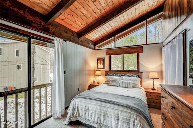 bedroom with lofted ceiling with beams, carpet, wooden ceiling, and multiple windows