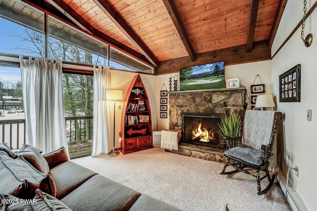 carpeted living room featuring wood ceiling, a fireplace, and vaulted ceiling with beams