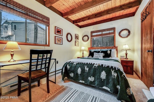 carpeted bedroom featuring wooden ceiling and beam ceiling