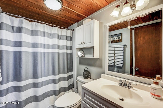 bathroom featuring vanity, wooden ceiling, and toilet