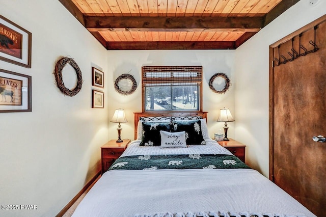 bedroom featuring wood ceiling and beam ceiling