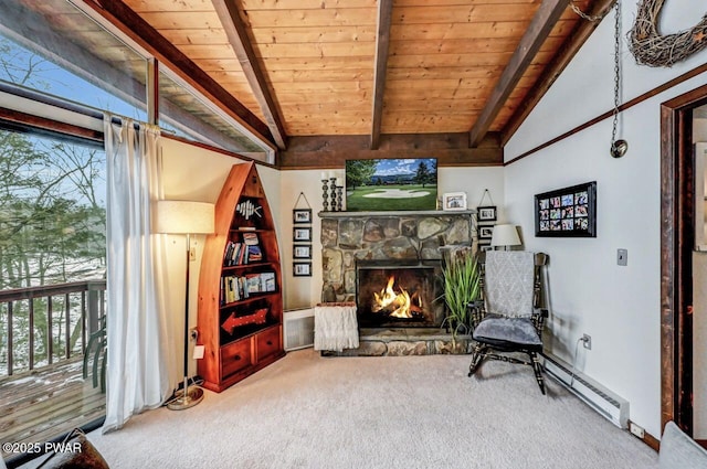 sitting room featuring a stone fireplace, wood ceiling, lofted ceiling with beams, carpet flooring, and a baseboard heating unit