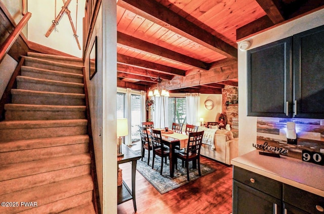 dining room with hardwood / wood-style flooring, a notable chandelier, beamed ceiling, and wooden ceiling