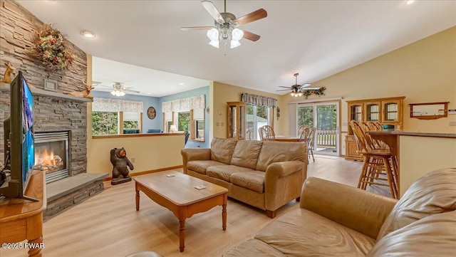 11 Coyote Rdg, Hawley, PA 18428 - living room with ceiling fan, vaulted ceiling, a fireplace, and recessed lighting