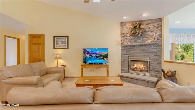 11 Coyote Rdg, Hawley, PA 18428 - living room with a stone fireplace and ceiling fan