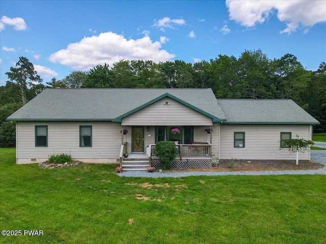 11 Coyote Rdg, Hawley, PA 18428 - view of front of home with covered porch, a front lawn, crawl space, and roof with shingles