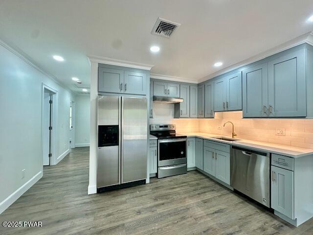 404 Forest Dr, Lords Valley, PA 18428 - kitchen featuring appliances with stainless steel finishes, a sink, ornamental molding, under cabinet range hood, and decorative backsplash