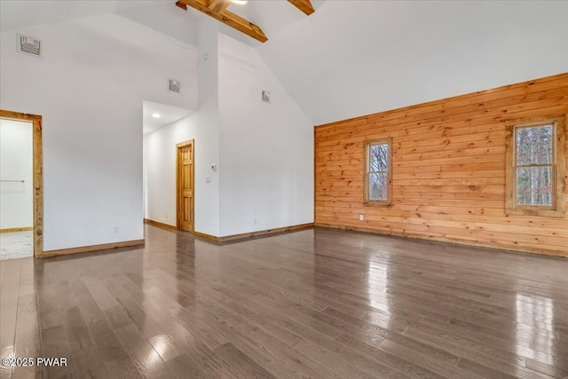 interior space with beamed ceiling, high vaulted ceiling, dark wood-type flooring, and wood walls