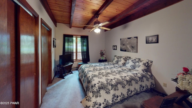 726 Wildwood Ter, Lake Ariel, PA 18436 - bedroom featuring wooden ceiling with exposed beams, carpet, and a ceiling fan