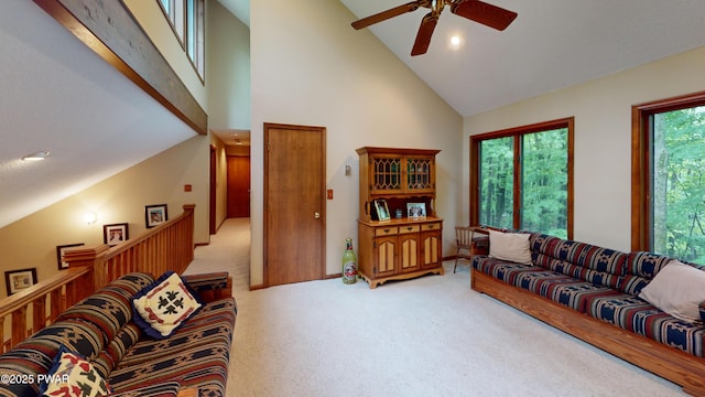 726 Wildwood Ter, Lake Ariel, PA 18436 - living room featuring light carpet, high vaulted ceiling, ceiling fan, and recessed lighting