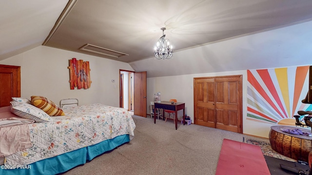 bedroom with light carpet and vaulted ceiling