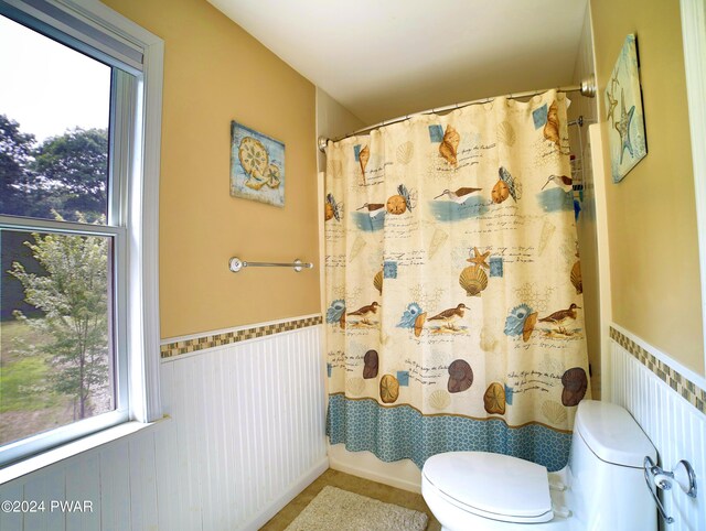 full bathroom with plenty of natural light, wainscoting, toilet, and a shower with shower curtain