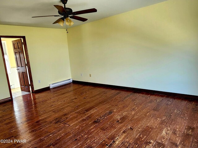 unfurnished room with a ceiling fan, a baseboard heating unit, baseboards, and hardwood / wood-style flooring