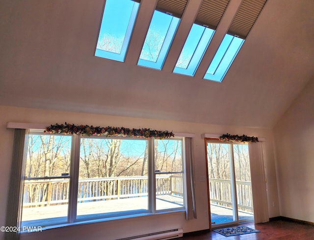 interior details with wood finished floors and a skylight