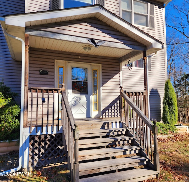 view of exterior entry with covered porch