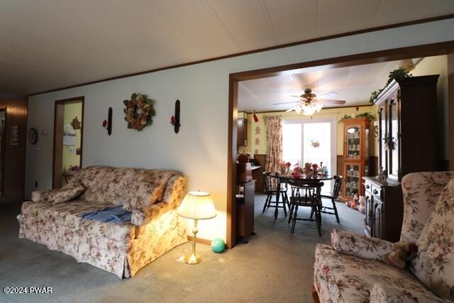 carpeted living room with ceiling fan and ornamental molding