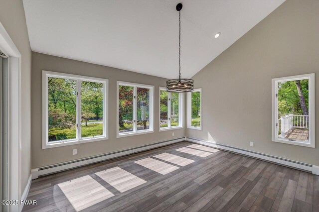 103 Goldrush Dr, Lords Valley, PA 18428 - empty room with a chandelier, a baseboard radiator, wood finished floors, high vaulted ceiling, and recessed lighting