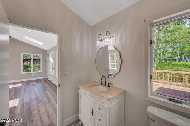 103 Goldrush Dr, Lords Valley, PA 18428 - bathroom with lofted ceiling, plenty of natural light, vanity, and wood finished floors