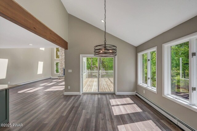 103 Goldrush Dr, Lords Valley, PA 18428 - unfurnished dining area with a baseboard heating unit, healthy amount of natural light, and high vaulted ceiling