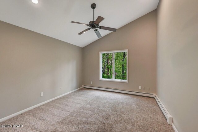 103 Goldrush Dr, Lords Valley, PA 18428 - carpeted empty room featuring a baseboard heating unit, ceiling fan, and vaulted ceiling
