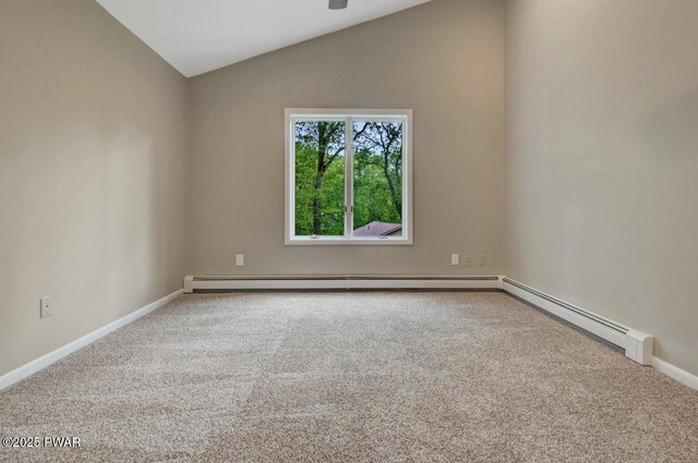 103 Goldrush Dr, Lords Valley, PA 18428 - unfurnished room featuring carpet flooring, lofted ceiling, ceiling fan, and a baseboard radiator