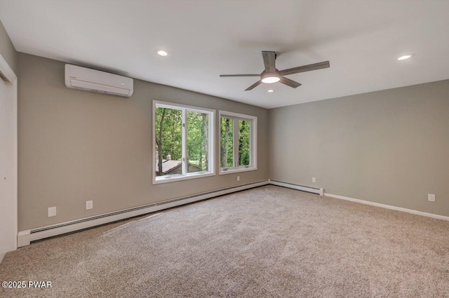 103 Goldrush Dr, Lords Valley, PA 18428 - spare room featuring a wall mounted air conditioner, a ceiling fan, a baseboard heating unit, carpet flooring, and recessed lighting