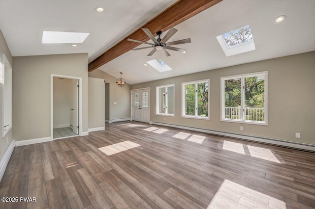 103 Goldrush Dr, Lords Valley, PA 18428 - unfurnished living room with a skylight, a baseboard heating unit, a ceiling fan, wood finished floors, and recessed lighting