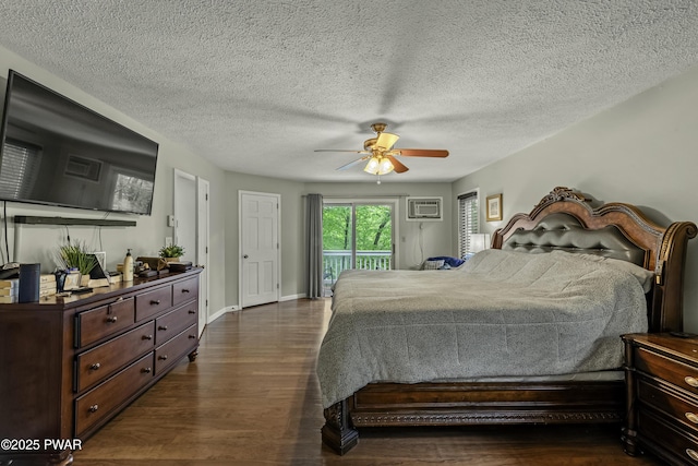 108 Bayberry Ct, East Stroudsburg, PA 18301 - bedroom with access to outside, dark wood-style flooring, a textured ceiling, baseboards, and ceiling fan