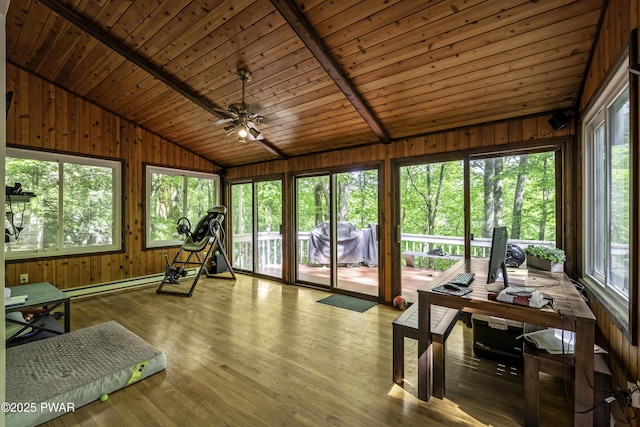 108 Bayberry Ct, East Stroudsburg, PA 18301 - sunroom / solarium with vaulted ceiling, wood walls, a baseboard heating unit, a deck, and wooden ceiling