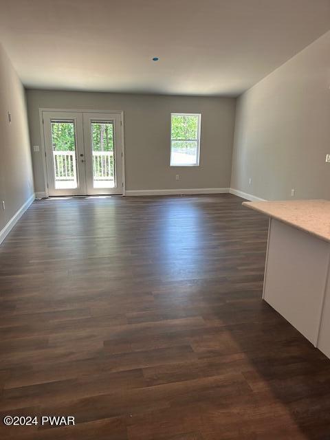 unfurnished living room featuring french doors, dark hardwood / wood-style floors, and plenty of natural light