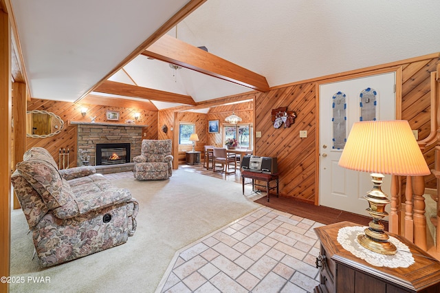 109 Glenbrook Dr, Dingmans Ferry, PA 18328 - living area with wood walls, vaulted ceiling, and a fireplace