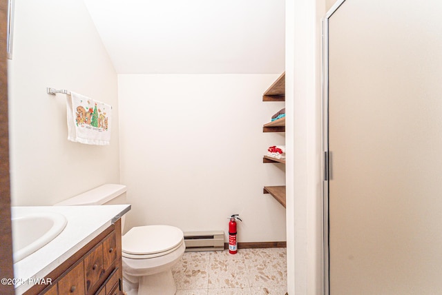 511 Overlook Ter, Stroudsburg, PA 18360 - full bathroom with baseboard heating, a stall shower, vanity, and tile patterned flooring