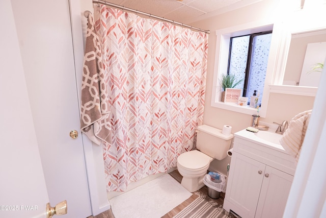 bathroom with a shower with curtain, vanity, and toilet