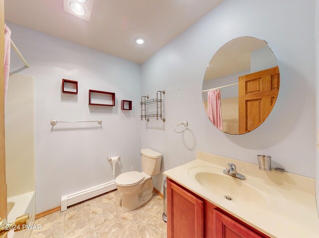 full bathroom with shower / tub combo, vanity, toilet, and a baseboard heating unit