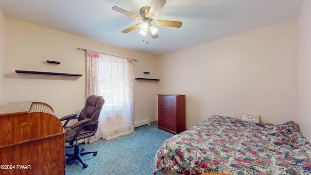 bedroom with carpet flooring, ceiling fan, and a baseboard heating unit