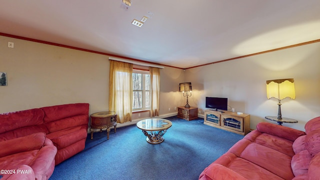 living room with crown molding and carpet