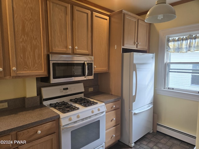 kitchen featuring a healthy amount of sunlight, white appliances, hanging light fixtures, and a baseboard radiator